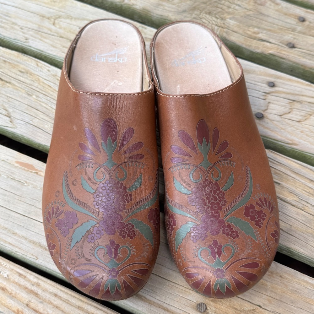 Dansko Women Brown Leather Floral Print Clogs Mules Size 39/8.5-9 Boho Cottage